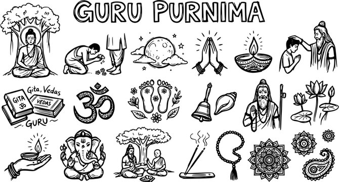 Guru Purnima Indian Spirituality Black and White Line Art Doodle Icons Set. Hindu festival celebration elements, symbols, and revered figures.
