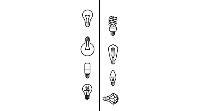 Set of Various Electric Light Bulb Line Art Icons.