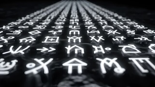 Mysterious Glowing Ancient Runes on Dark Reflective Surface.