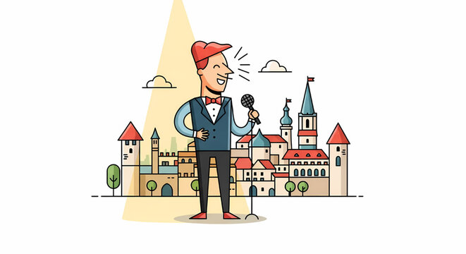 Cartoon character performing stand up comedy on stage in front of a city background