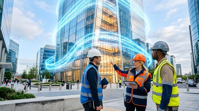 Business Professionals Collaborating in Modern City Skyscraper Setting