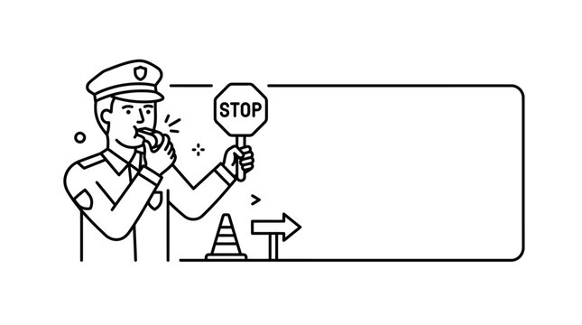 A line art illustration of a traffic police officer holding a stop sign and blowing a whistle.