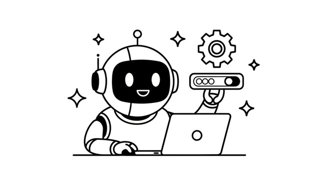Cute robot character working on a laptop with a gear icon and toggle switch.
