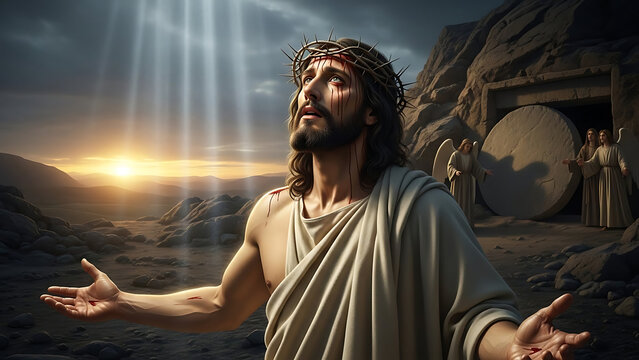Sacred portrayal of Jesus Christ suffering with a woven crown of thorns, gazing upward toward divine heaven during the holy Easter passion and miracle of resurrection