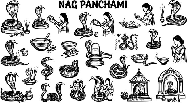 Nag Panchami Indian Festival Line Art: Cobra Snakes, Rituals, Worship, Deity, Hinduism