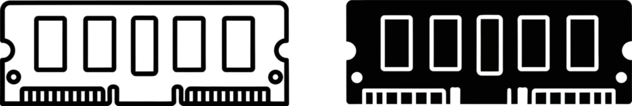 Computer RAM module icon in outline and solid silhouette on white background for technology concepts