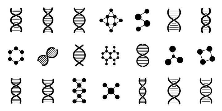 DNA strands and molecular structures set with scientific icons featuring science, biology, genetics with research and laboratory elements for cells,
