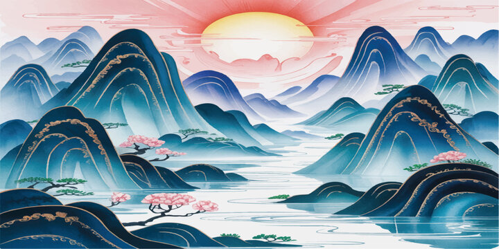 Winter mountain landscape with snowy mountains, sea and ocean waves, blue sky with clouds and sun, nature illustration blending winter ice and summer beach elements