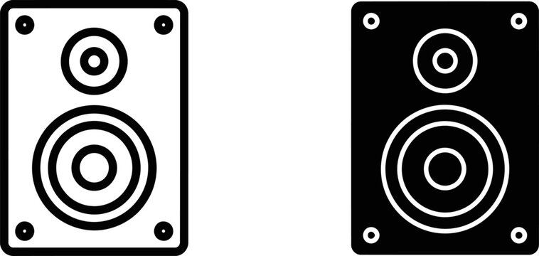 Speaker icon pair in black and white outline flat design for audio concept