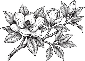 Hand drawn vector illustration of magnolia flower branch with blooming blossoms and detailed leaves isolated on white background © moshaharul