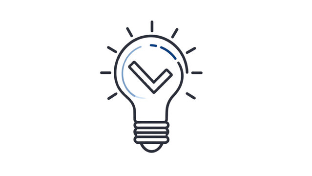 Lightbulb with Checkmark in Simple Line Art Style with Black Color on White Background for Icon or Logo
