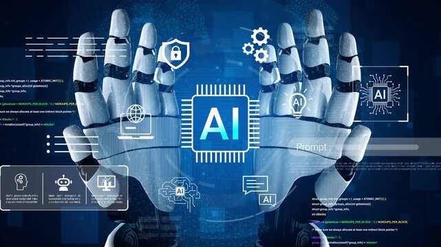 Futuristic Concept of Artificial Intelligence Technology with Robot Hands, Circuit Board, and Digital Interface Representations Gluon.