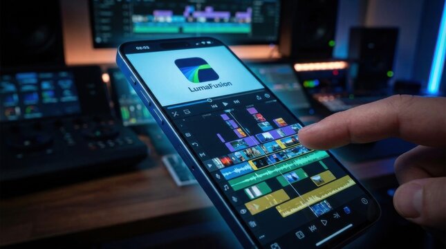 Close-up of a person using LumaFusion video editing application on a mobile smartphone, featuring a complex multi-layer timeline in a professional studio workstation setup.