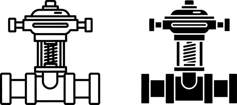 Pressure regulator valve with flanges in white and black line art styles