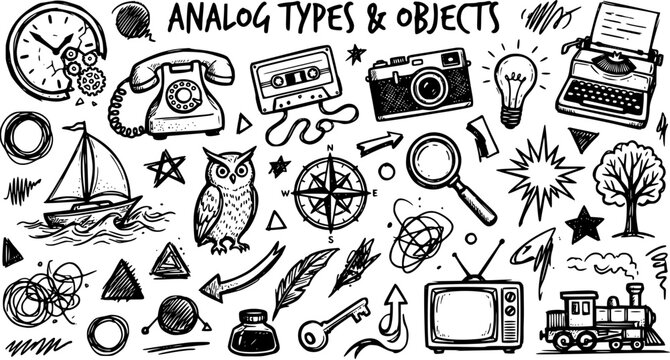 Black and White Line Art of Analog Objects: Clock, Telephone, Camera, Typewriter, TV, Train, Sailboat, Owl, Compass