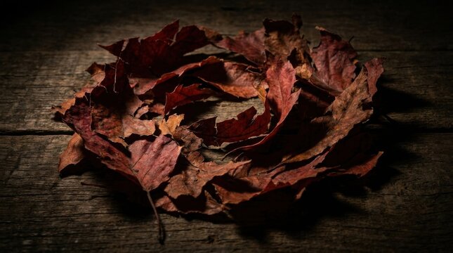 Close-up of dried reddish-brown autumn leaves arranged in a circular wreath pattern on a weathered dark wooden surface with dramatic low-key lighting and deep shadows.