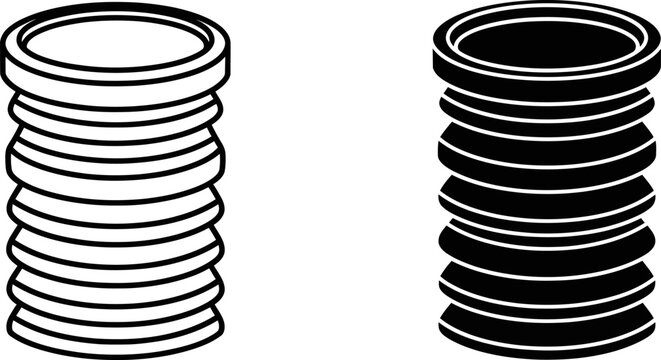 Corrugated pipe section in outline and silhouette on white background illustrating flexibility and industrial use