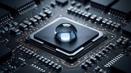 Fototapeta premium Close Up of AI Microchip Processor on Motherboard with Glass Water Drop Concept for Liquid Cooling Technology