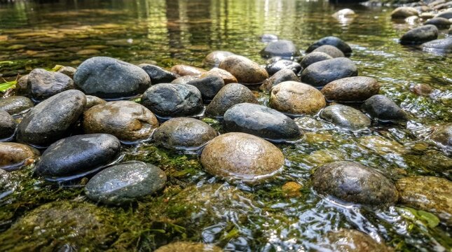 Close-up view of smooth rounded river stones and dark pebbles submerged in a shallow clear stream with green moss on the riverbed and sunlight reflecting on the wet stone surfaces.