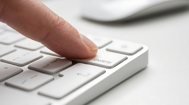 Close-up of a finger pressing the delete key on a computer keyboard, technology concept