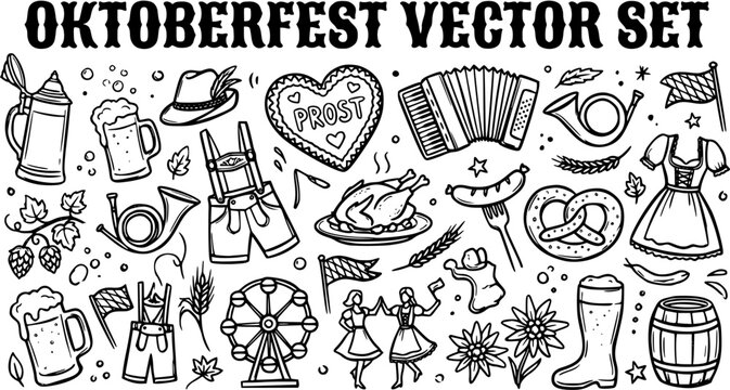 Oktoberfest Vector Set: Black and White Line Art Illustrations of Beer, Food, and Traditional German Culture