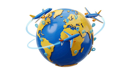 Naklejka premium Vector illustration of 3d illustration of airplanes flying around the globe on a transparent background