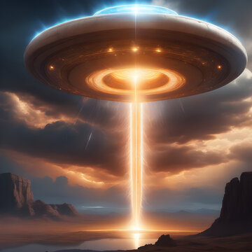 Giant alien UFO beaming a powerful energy vortex down to a desert landscape at dramatic sunset