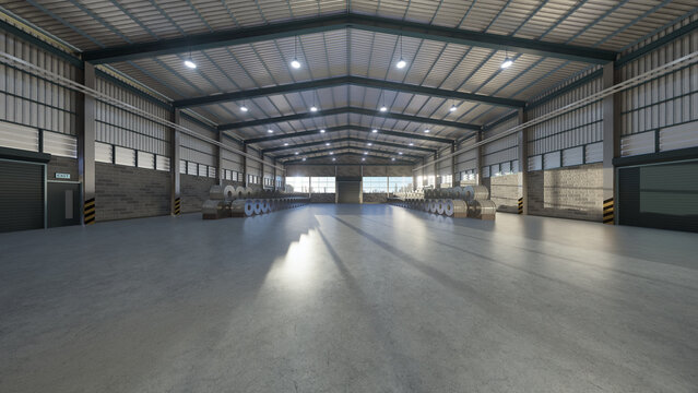 3d rendering of steel coil rolls materials on clean concrete floor in warehouse. Shutter doors and open window toward distant city skyline. Ideal for factory, warehouse and industrial business backgro