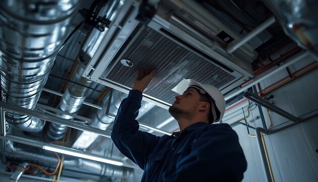 Professional hvac technician inspecting a ceilingmounted air conditioning unit in an industrial facility