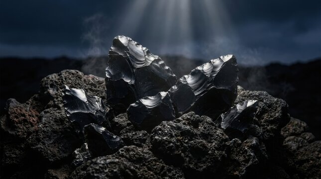 Glossy black obsidian shards with sharp irregular edges resting on porous volcanic rock landscape under dramatic top-down lighting with atmospheric smoke and fog effects.