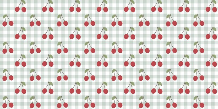 ​Cute cherry seamless pattern on green gingham background. Sweet red cherries with leaf vector illustration for wallpaper, textile, wrapping.