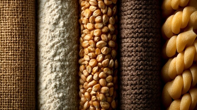 Close up of a variety of dry food ingredients including grains, flour, corn, and pasta creating an interesting texture and pattern together.