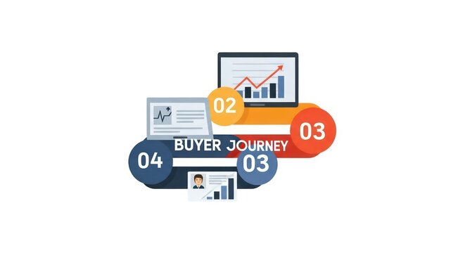 Marketing buyer journey infographic with data charts