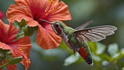 Fototapeta premium Vibrant hummingbird hovering near a bright orange hibiscus flower in a lush garden setting