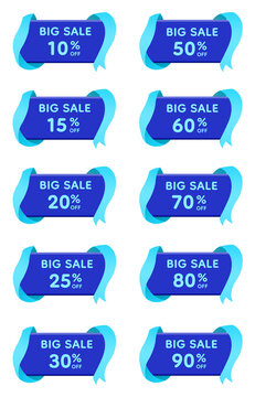 Blue Ribbon Big Sale Discount Button Collection with Futuristic Curved Ribbon Frame, Modern E Commerce Promotion Interface Elements, 10 Percent to 90 Percent Off Sale Labels Set