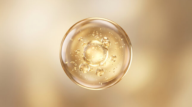 Golden Serum Drop Macro view of a pure, glistening liquid with tiny bubbles, symbolizing beauty and scientific innovation