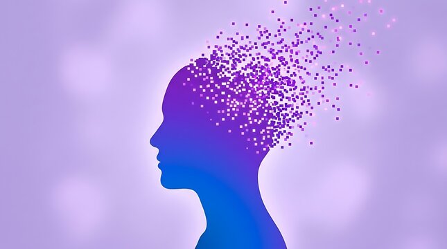 Silhouette of a person's head dissolving into purple