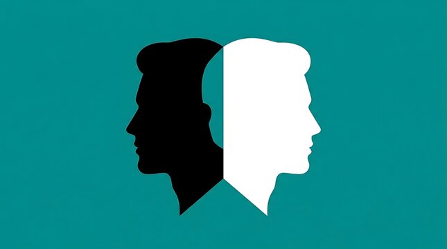 Split silhouette head in black and white against teal