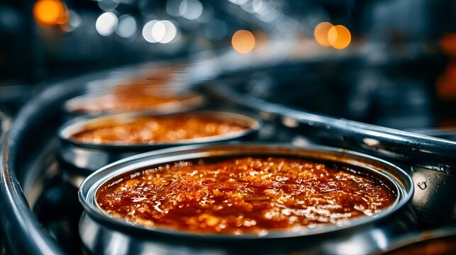 Close up view of freshly made tomato sauce in shiny metal containers at a food production factory ready to be shipped to market places.
