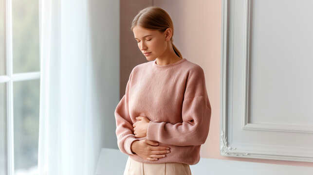 Young woman holding abdomen near window, menstrual cramps, stomach pain concept. Digestive discomfort, period pain, gut health, calm pastel interior, lifestyle.
