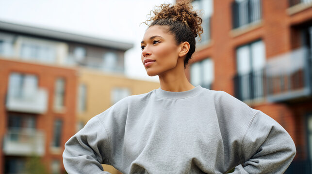 Confident woman standing calmly outdoor urban courtyard with grounded posture. Modern brick building background showing inner strength, emotional stability, peaceful balance and mindful wellness.