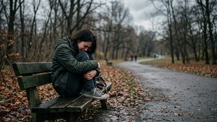 Fototapeta premium Depressed Young Woman Crying and Sitting Alone on Park Bench in Autumn