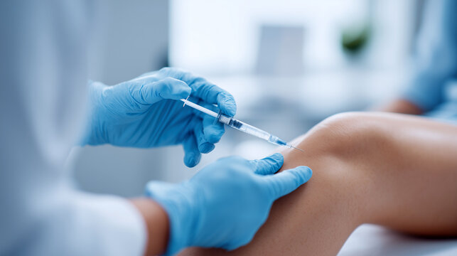 Medical injection knee joint treatment vaccination. Doctor wearing blue gloves administering syringe injection patient arm. Healthcare procedure immunization therapy, pain relief orthopedic care.