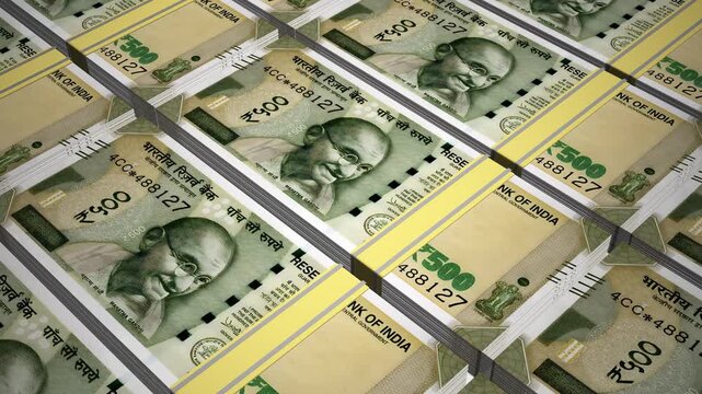 Stacks of 500 INR or Five Hundred Indian Rupee banknotes or currency. Neat Rows of India 500 Rupees Bank note in 3D Motion. 4k Animation.