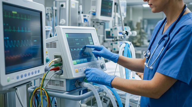 Healthcare worker operating medical ventilator equipment in hospital intensive care unit