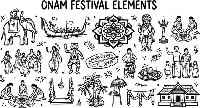 Indian Onam Festival Elements Collection. Black and White Line Art Doodle of Kerala Cultural Symbols, Traditions, and Celebration Icons.