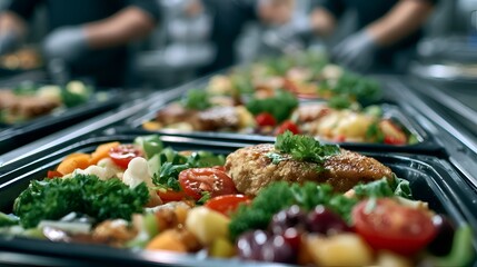 Obraz premium Freshly prepared meals displayed in a food service setting offe diverse healthy options with a focus on nutrition and balanced diets for clients.