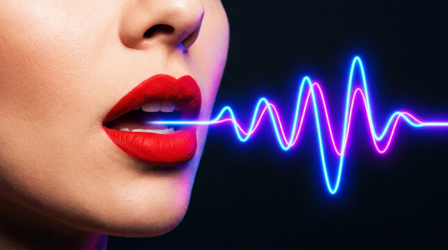 Woman with red lips speaking sound wave.