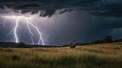 Majestic stag standing in a field during a dramatic thunderstorm with lightning strikes illuminating the sky © Tina