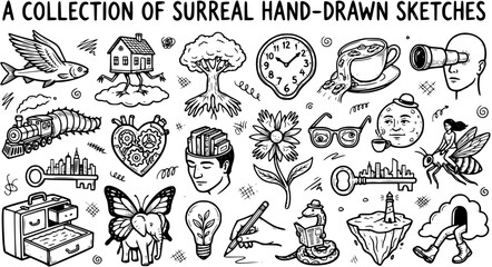 Fototapeta premium Surreal Hand-Drawn Black and White Line Art Sketches Collection for Creative Concepts, Imagination, and Abstract Ideas.